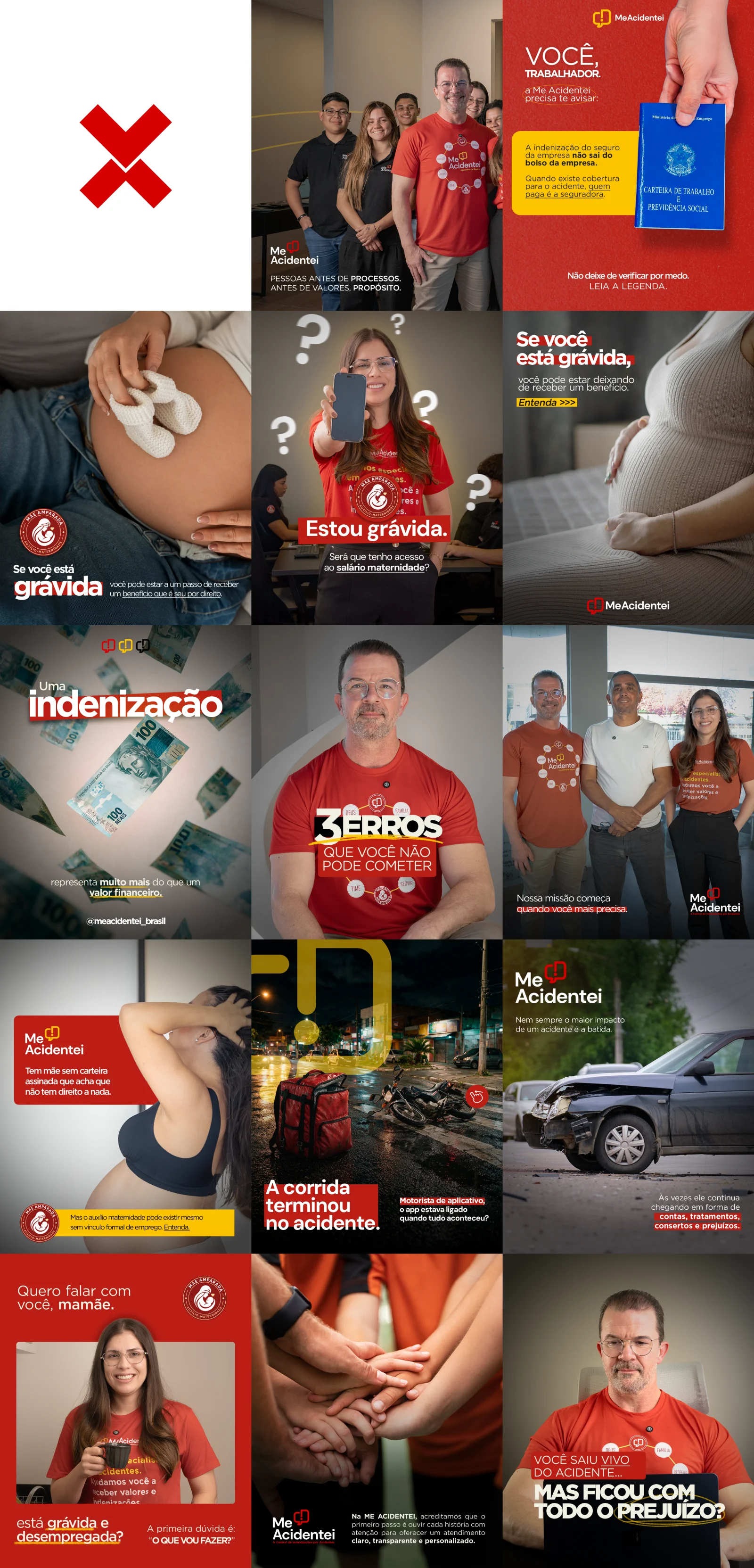 Grid de comunicação da marca Me Acidentei, desenvolvido pela Artēria
